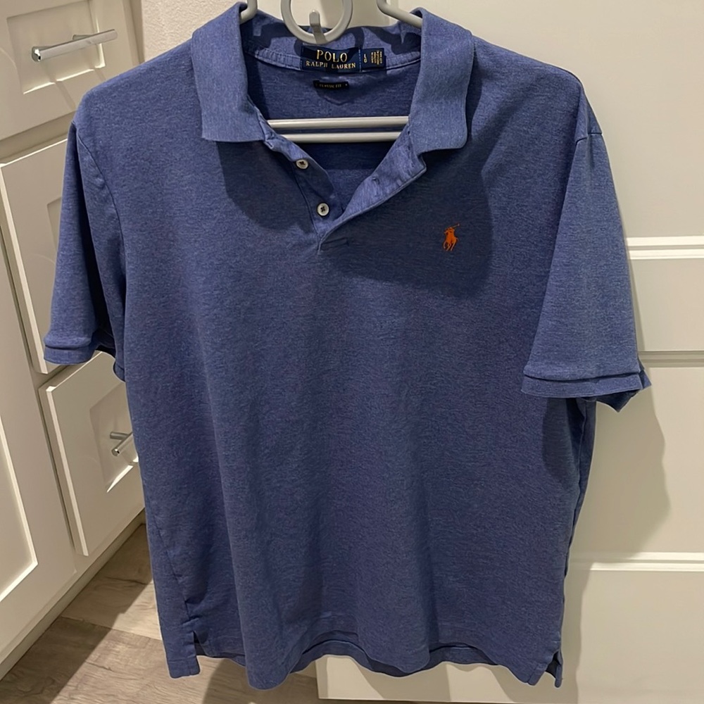 Blue Polo by Ralph Lauren Polo Shirt with Orange Logo Classic Fit Size Large